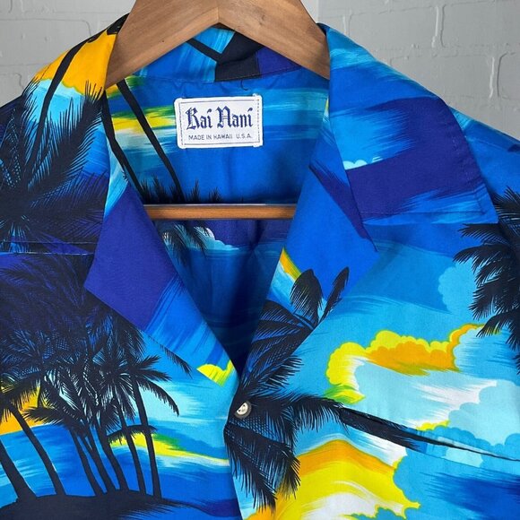Rai Nani Shirt Men XLarge Blue Yellow Hawaiian Palm Aloha Camp Sun Palm Boat VTG - Picture 2 of 8